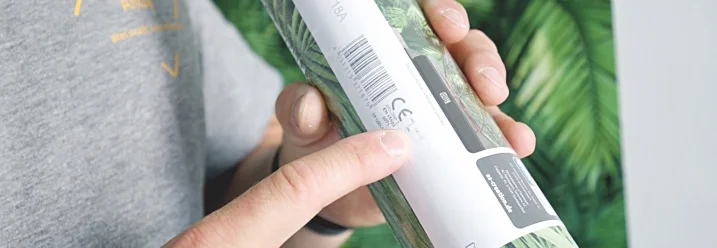 Person hält eine Rolle Tapete mit tropischem Blätterdesign